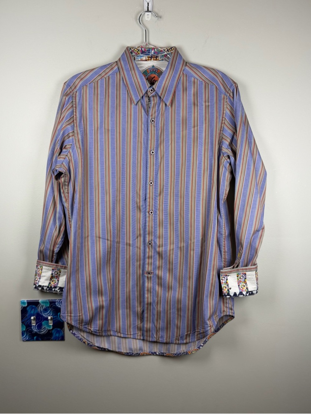 Robert Graham Men's Striped Trim Flip Cuff Long Sleeve Button Down Shirt Small